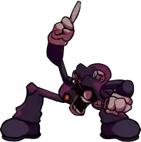 a purple cartoon character is pointing upwards with his finger