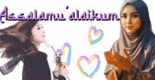 a woman in a hijab is standing next to another woman with the words assalamu alaikum on the bottom