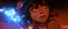 a close up of a cartoon character holding a blue object