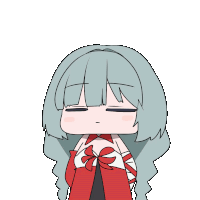 a cartoon drawing of a girl with long grey hair and a red dress