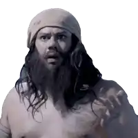 a man with long hair and a beard is wearing a headband