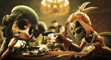 two cartoon characters are sitting at a table drinking from cups