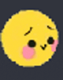 a pixel art of a yellow smiley face with pink cheeks and a wink .