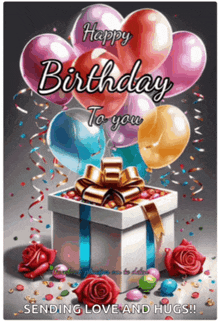 a birthday card with balloons and roses and the words happy birthday to you
