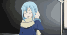 a girl with blue hair and a scarf around her neck is standing in front of a blackboard .