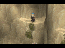 a cartoon character with a blue hat is standing on a cliff