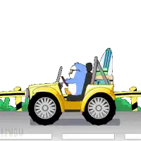 a cartoon of a penguin driving a yellow vehicle