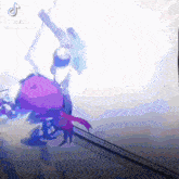 a person is holding a sword in a video game .