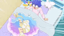 a girl with blue hair is laying on a bed