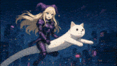a girl in a jester hat is riding a white cat in front of a city skyline
