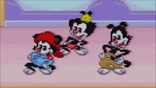 a group of cartoon characters are standing next to each other on a pink surface .