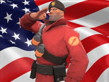 a man in a red uniform salutes in front of the american flag