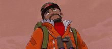 a man with a backpack is wearing a helmet and gloves and smiling .