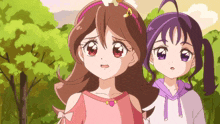 two anime girls are standing next to each other in a forest