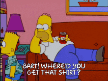 homer simpson is sitting on a couch holding a can of ketchup and bart is standing next to him