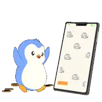 a penguin is standing next to a cell phone with coins on the ground