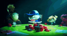 a group of stuffed animals are playing poker at a table with poker chips