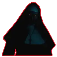 a picture of a nun with glowing eyes and a cross around her neck
