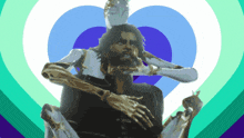 a man is being held by a robot in front of a blue heart