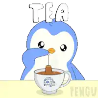 a penguin drinking a cup of tea with the word tea written above it