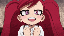 a cartoon girl with red hair and purple eyes is smiling