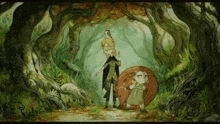 a cartoon of a man and a girl in a forest with a bird on their head