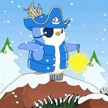 a penguin wearing a pirate hat is holding a star and the word merry is on the bottom