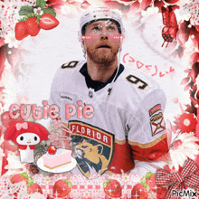 a man wearing a florida panthers jersey is surrounded by pink flowers