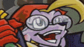 a cartoon character wearing glasses and a red hat is making a funny face .