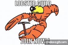 a lobster wearing a hard hat and holding a pickaxe