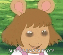a cartoon character with ears and black eyes is smiling and says buenos dias gueyote .