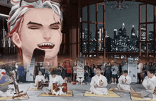 a group of people are playing instruments in front of a large window with a drawing of a man 's face in the background