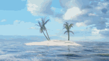 a small island in the middle of the ocean with palm trees and a globe