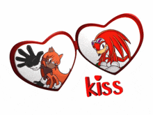 two hearts with a fox and knuckles on them and the word kiss