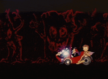 a cartoon of a man driving a red car