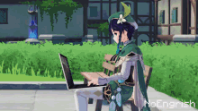 a cartoon of a girl sitting on a bench using a laptop with the words noenglish below her