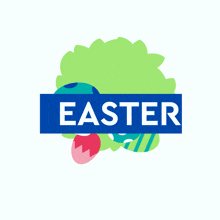 the word easter is on a blue sign with easter eggs in the background