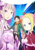 a group of anime characters are standing next to each other on a blue background