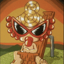 a cartoon character wearing sunglasses and a pacifier sits in a chair