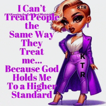 a cartoon of a woman in purple pants and a purple coat with a quote