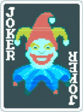 a pixel art of a joker playing card on a dark background