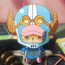 a cartoon character wearing a helmet and goggles with ssgo written on his shirt
