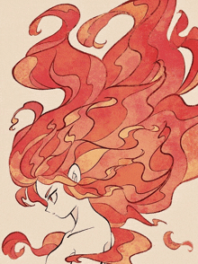 a drawing of a woman with long red hair and a swirling pattern