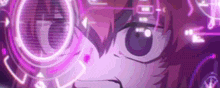 a close up of a person 's face with a purple background and a purple circle around it .