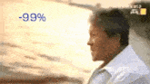 a man in a white shirt is standing in front of a body of water with -99 % written on the bottom .