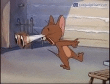 jerry from tom and jerry is blowing a trumpet .