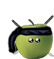 a green apple with a black scarf and two swords