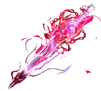 a red and purple sword with a purple eye on it