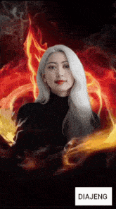 a woman with white hair and red lips is surrounded by flames and smoke and says diajeng on the bottom