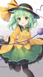 a girl with green hair is wearing a yellow dress and a hat